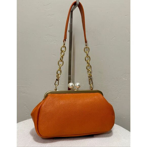 Orange Pebble Cowhide Handmade Pearl Kisslock Clutch Bag, Crossbody - Picture 3 of 16